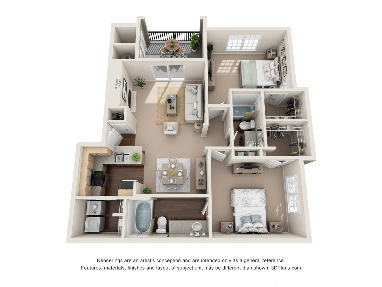 Floor plan for 2 beds, 2 baths, 1062 sqft